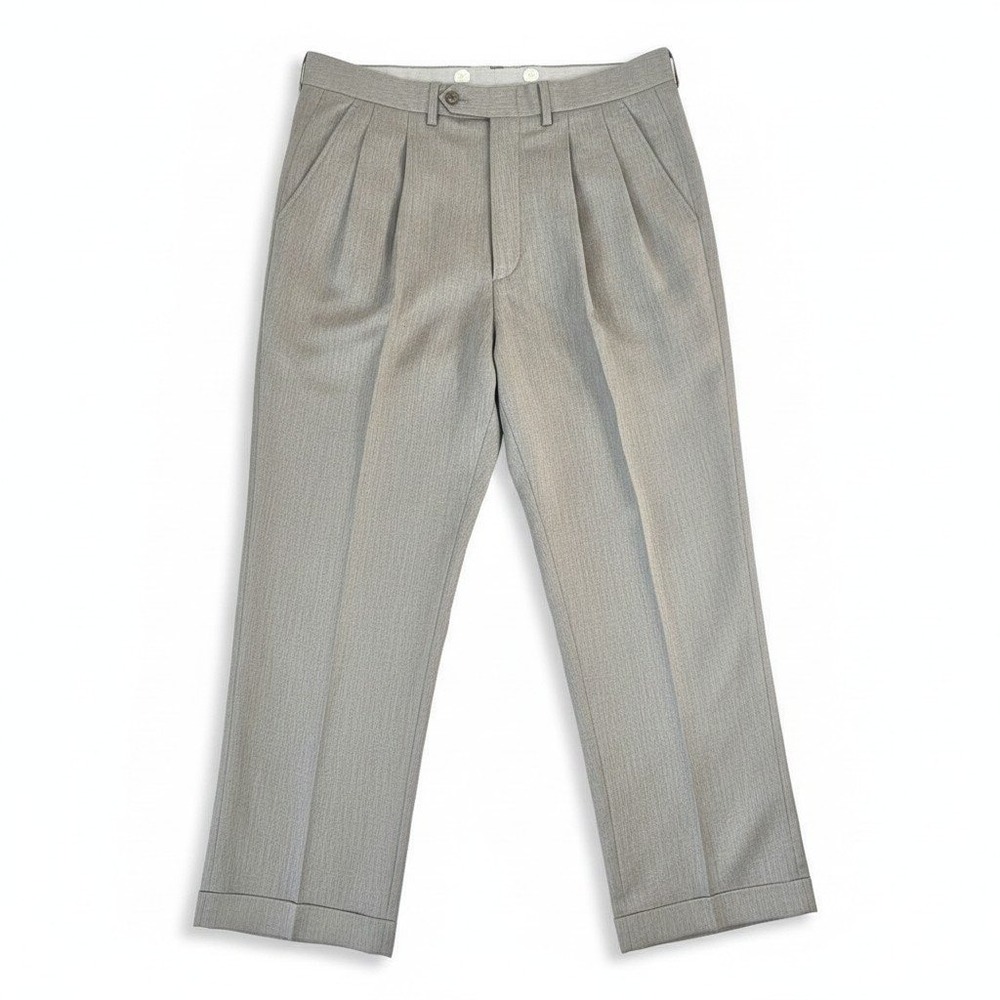Luciano Barbera Louis Boston Grey 100% Wool Pleated Cuffed Trousers Italy Mens